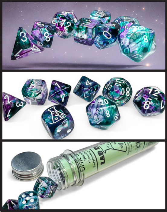 NEBULA 7-DIE SET POLYHEDRAL FLUORITE/WHITE (WITH BONUS DIE)