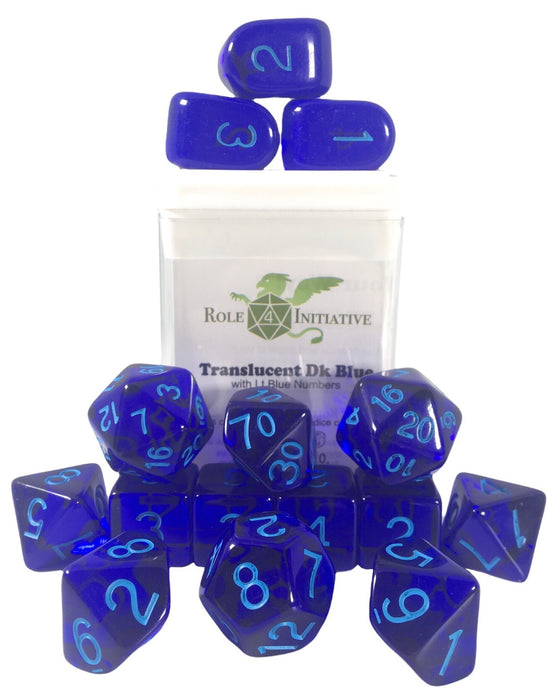 SET OF 15 DICE: TRANSLUCENT DARK BLUE/LIGHT BLUE