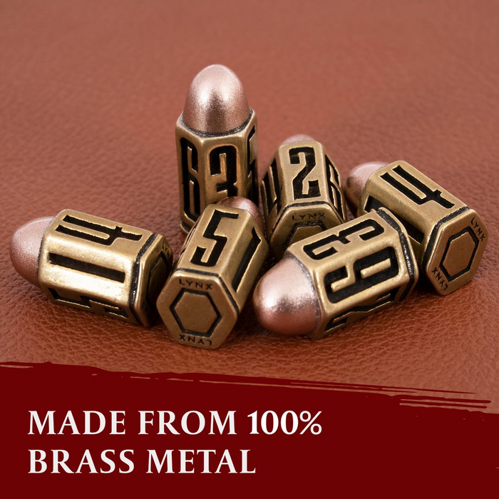 Six bullet dice set brass metal