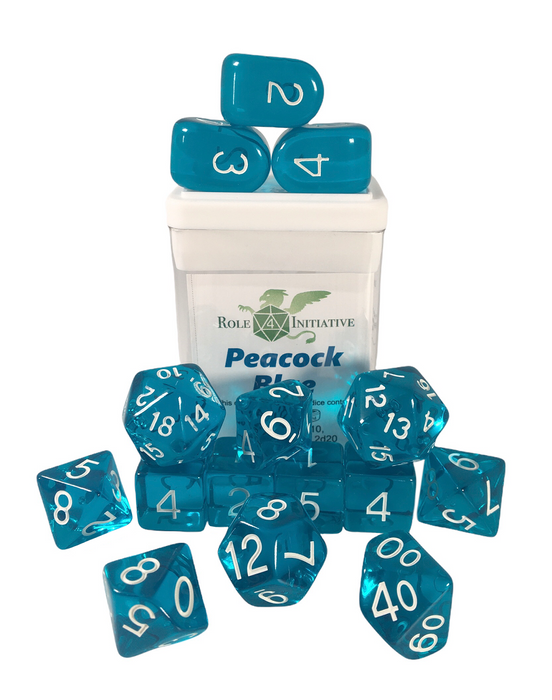 SET OF 15 DICE: TRANSPARENT PEACOCK BLUE ARCH'D4