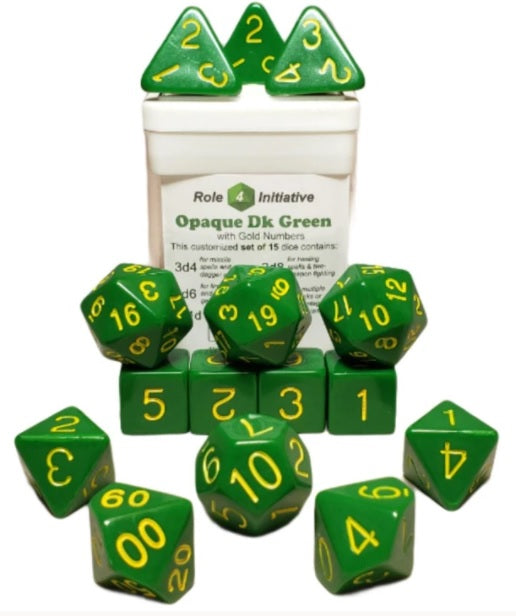 SET OF 15 DICE: OPAQUE DK GREEN W/GOLD