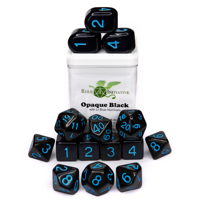 SET OF 15 DICE: OPAQUE BLACK/LT BLUE NMBR ARCH'D4