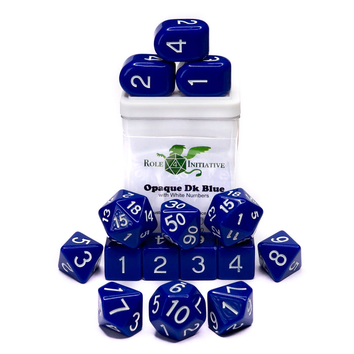 SET OF 15 DICE: OPAQUE DK BLUE/WHITE NMBR ARCH'D4