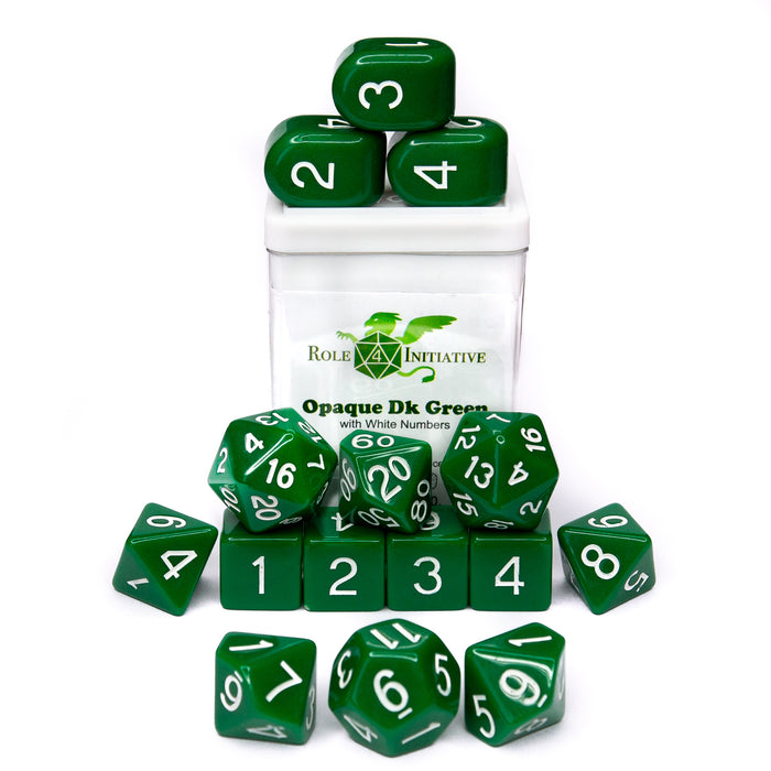 SET OF 15 DICE: OPAQUE DK GREEN/WHITE NMBR ARCH'D4