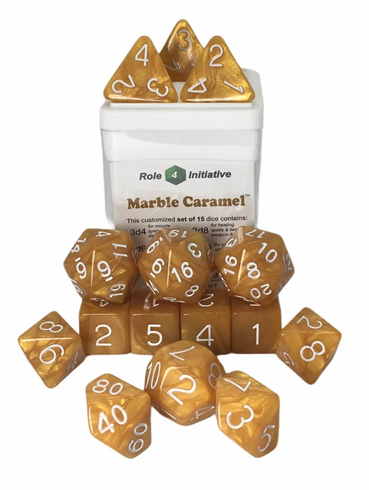 SET OF 15 DICE: MARBLE CARAMEL W/WHITE