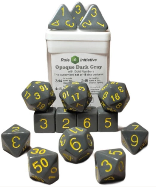 SET OF 15 DICE: OPAQUE DK GRAY W/GOLD